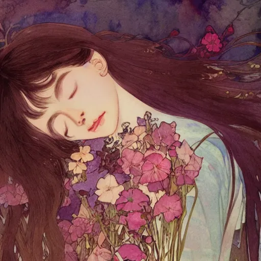 Prompt: a beautiful intricate watercolor illustration of a sleeping girl with flowers,, 4 k, ultra - wide angle, by william turner, by victo ngai, by alphonse mucha, by miho hirano, by moebius, hd, trending on artstation, hyper detailed, muted intense colors