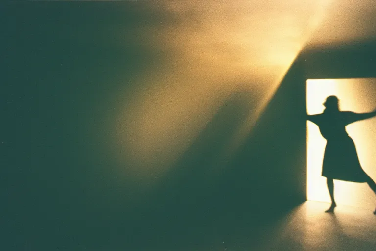 Image similar to backlit photograph of black box pouring energy into suburban room, silhouetted figure, crisp focus, 3 5 mm ektachrome