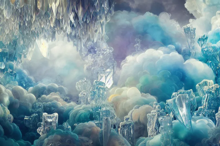 Prompt: simplicity, a huge flock of many ornate translucent puffy filigreed clouds tangled into large whirling ultra detailed clumps of crystal specimens, abstract environment, playful, award winning art, epic dreamlike fantasy landscape, ultra realistic,