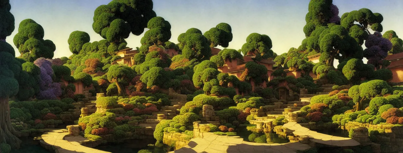 Image similar to a gorgeous landscape painting by barlowe wayne maxfield parrish and marco mazzoni. early spring morning. bench terrace. close - up shot on hyper detailed trees has just sprouted!! tyndall effec, light effect. chinese village. china waterwheel. the winding steps, waterfall from the mountain. ultra clear detailed. highly detailed, 3 d, octane render.