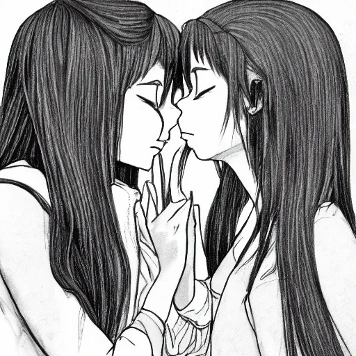 Image similar to portrait of two girls kissing, detailed manga art