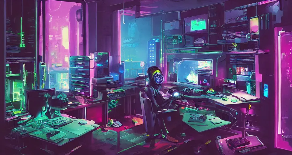 Image similar to IKEA catalogue photo of a cyberpunk bureau gamer, by Paul Lehr