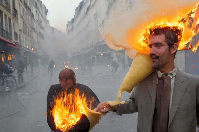 Prompt: closeup potrait of a man carrying molten cheese over his head during a fire in Paris, photograph, natural light, sharp, detailed face, magazine, press, photo, Steve McCurry, David Lazar, Canon, Nikon, focus