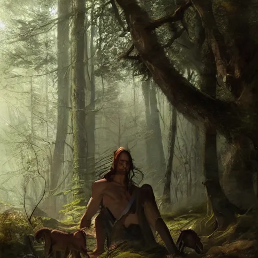Prompt: 'portrait of a male wood-elf surrounded by animals in the woods, art by Greg Rutkowski, 4k'