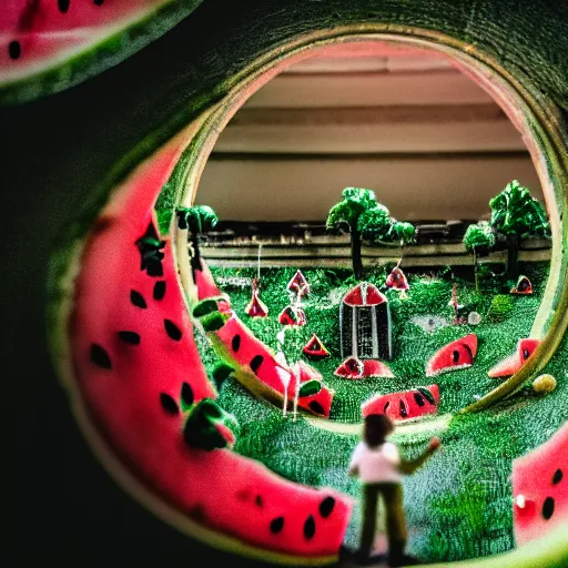 Image similar to macro photo of a miniature secret hidden world with tiny buildings and people inside of a hollowed out watermelon