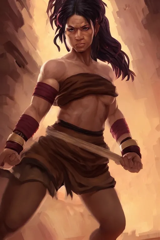 Prompt: Full body Picture of a female monk, fighter, black bandage on arms, marked muscles, brown skin, dark pink hair, brown eyes, detailed face, combat stance, black soggy pants, spiritual, epic fantasy, temple in the background, D&D, by artgerm and Craig Mullins, James Jean, Andrey Ryabovichev, Mark Simonetti and Peter Morbacher, matte painting, trending on artstation, artstationHD, artstationHQ, octane, full HD, 16K