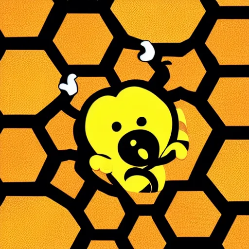 Prompt: fun cartoon honey bee with an afro inside of a honeycomb dripping with honey