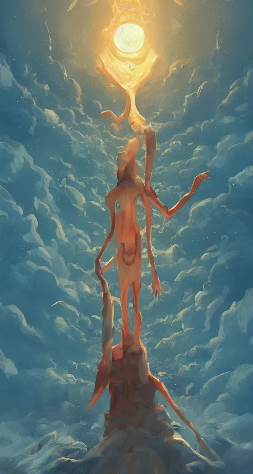 Image similar to A beautiful artwork illustration, a tall humanoid creature radiating curiosity, caring, and joy, exploring and looking around in an alternate universe, featured on artstation, wide angle, vertical orientation