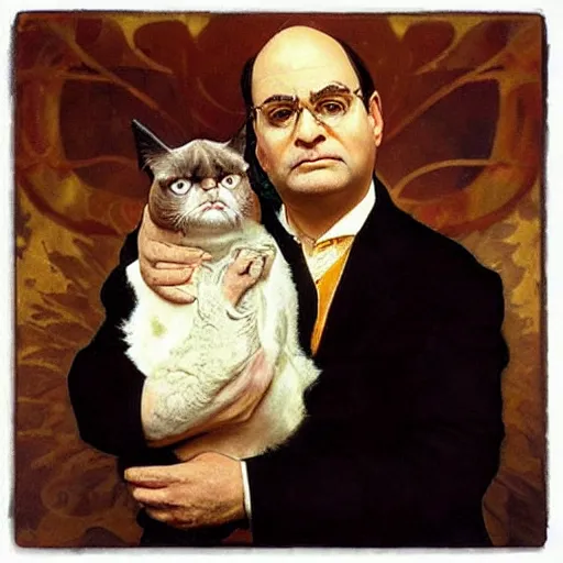 Prompt: “ george costanza from seinfled holding grumpy cat, art nouveau, gold - leaf, by alphonse mucha ”