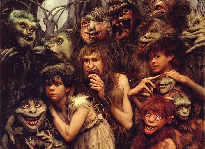 Image similar to jim henson's labyrinth. five goblins. by edgar maxence and caravaggio and michael whelan and delacroix style, artistic