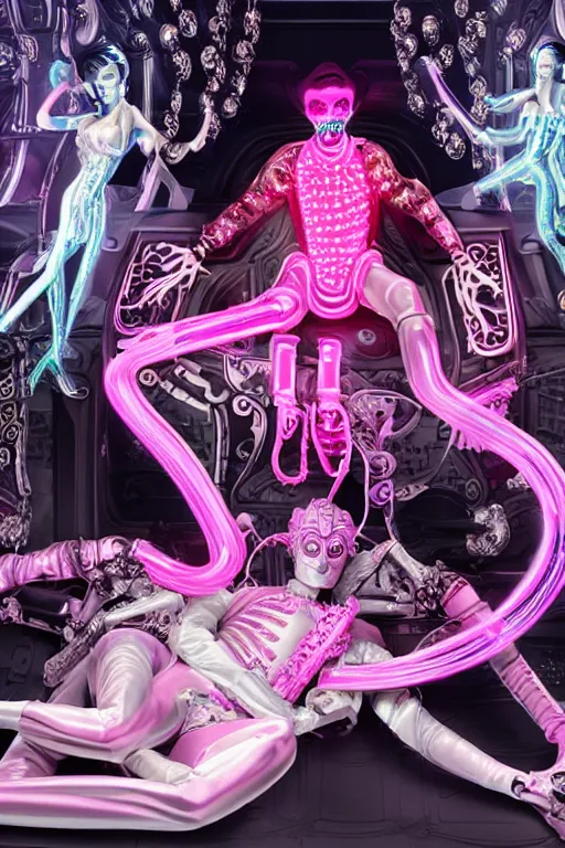 Image similar to full-body rococo and cyberpunk style neon statue of a young attractive Zayn Malik macho dotado e rico android sim roupa reclining con las piernas abertas e la piroca dura, glowing white laser eyes, prince crown of pink gears, diamonds, swirling silver-colored silk fabric. futuristic elements. full-length view. space robots. human skulls. intricate artwork by caravaggio. Trending on artstation, octane render, cinematic lighting from the right, hyper realism, octane render, 8k, depth of field, 3D