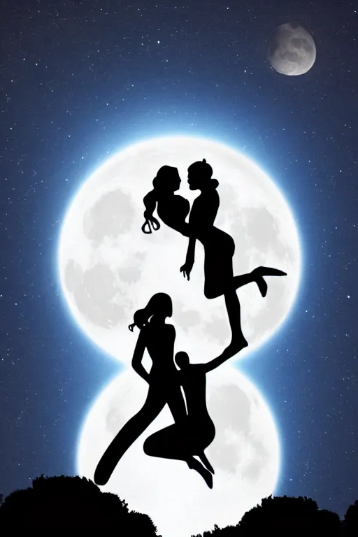 Prompt: the background is a huge moon. in the night environment, a man jumps into the air with a woman in his arms. in the middle of the moon are two figures in black silhouettes.