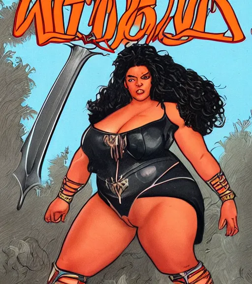 Image similar to 1 9 8 0 s fantasy novel book cover, bbw plus size amazonian zendaya in extremely tight bikini armor wielding a cartoonishly large sword, exaggerated body features, dark and smoky background, low quality print