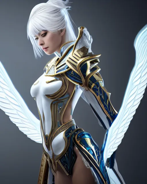 Image similar to perfect ornate white haired attractive egyptian goddess with huge white dove wings, warframe armor, beautiful, symmetric, dreamy, half asian, pretty face, blue eyes, detailed, scifi platform, laboratory, experiment, 4 k, ultra realistic, epic lighting, android body, illuminated, cinematic, masterpiece, art by akihito tsukushi, voidstar