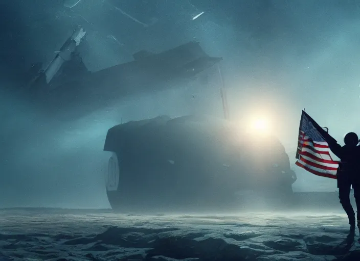 Image similar to astronaut holding a flag in an underwater desert. a submarine is visible in the distance. dark, concept art, cinematic, dramatic, atmospheric, 8 k, trending on artstation, blue, fish, low visibility, fog, ocean floor, christopher nolan, interstellar