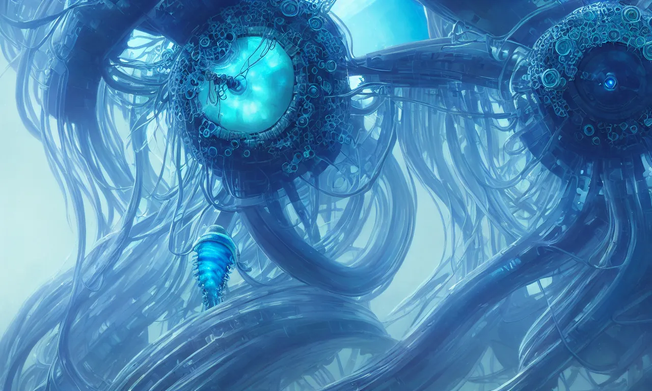 Image similar to Panorama hyper detailed painting of a cyberpunk jellyfish, blue tones, underwater, 8 mm, highly detailed, digital painting, artstation, concept art, smooth, sharp focus, illustration, art by artgerm and greg rutkowski and alphonse mucha