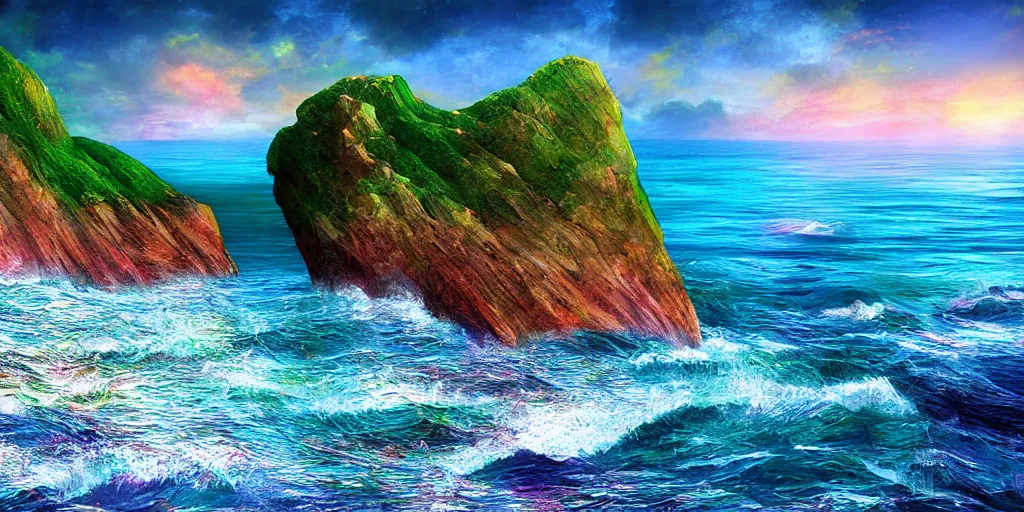 Image similar to glittering multicolored crystal cliffs, viewed from the ocean, high quality digital art,