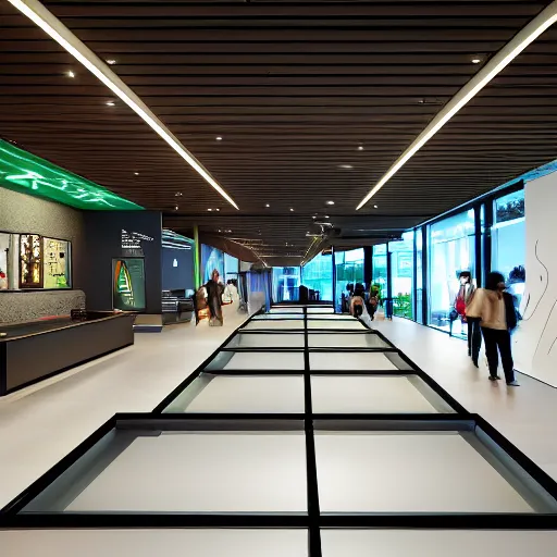 Prompt: interior photography of a Microsoft Samsung flagship store, black walls, geometrical textures, wood, features, eye-catching, polished concrete, spotlights, green wall, water feature, award winning interior design, patterns, retaildesignblog, dezeen, 14mm, 8k, cinestill, pentax, film