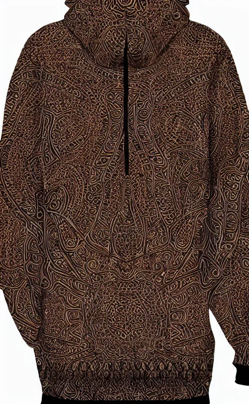 Image similar to batik hoodie pattern, dark brown, trendsetter, fashion of the year, fiction, stability, intricate, elegant, 8 k, uhd, justify, artstation, concept art, matte, sharp focus, illustration, consistent, highly detailed object content, proportional object content