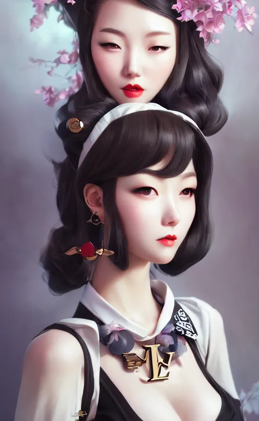 Image similar to a pin up and beautiful fashion charming dreamlke korea girl with lv jewelry, character art, art by artgerm lau and kyoung hwan kim and and ilya kuvshinov and john singer sargent, hyperdetailed, 8 k realistic, symmetrical, frostbite 3 engine, cryengine, dof, trending on artstation, digital art