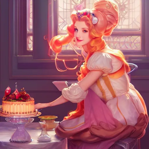 Image similar to princess peach baking a cake while that one weird computer mainframe watches her, art by artgerm and greg rutkowski and alphonse mucha