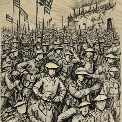 Image similar to first world war drawing, where is waldo style, high detailed print