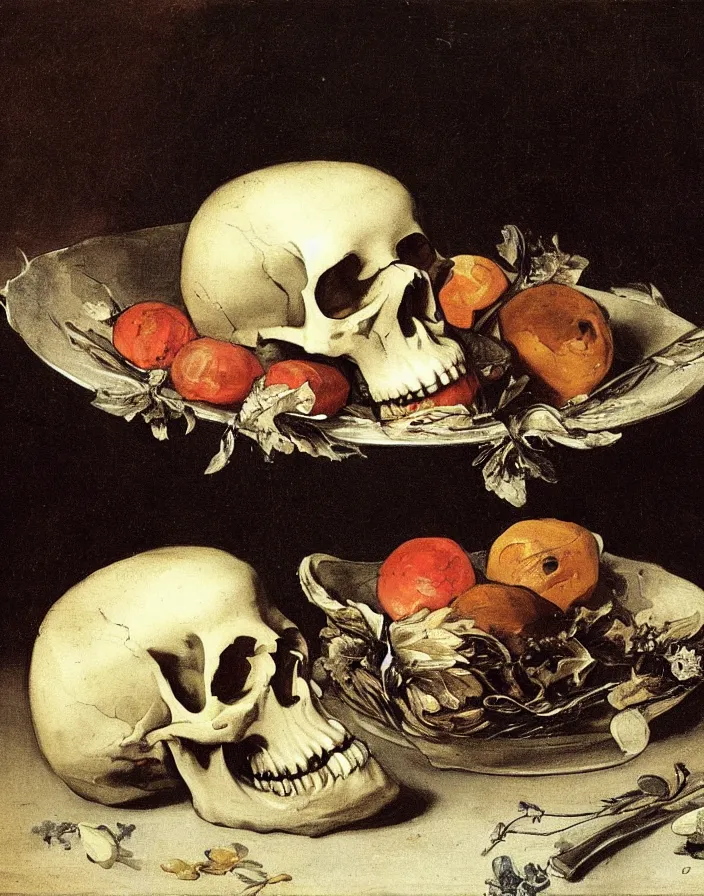 Image similar to still life painting with a single skull on a silver platter, dead flowers, rotten fruit, lit by a single candle by Diego Velázquez and francisco goya