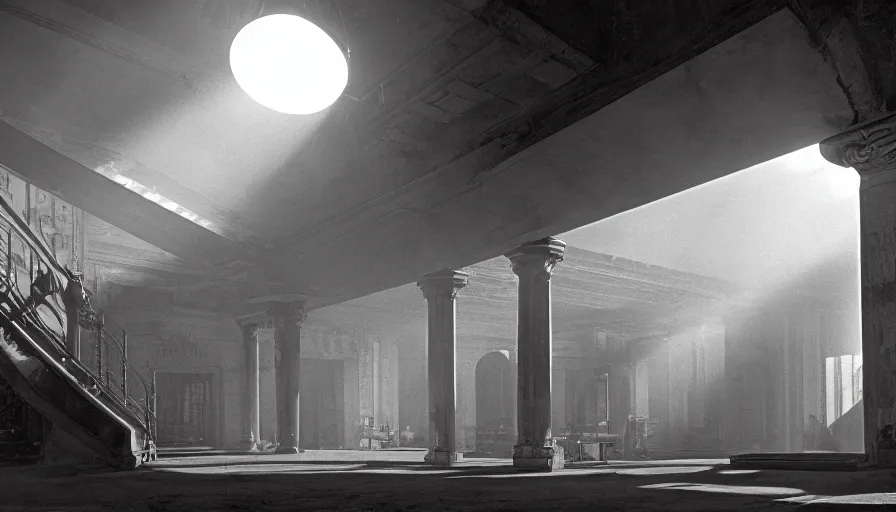 Prompt: 1 9 7 0 s movie still of a non euclidian building, by piranesi, panoramic, ultra wide lens, cinematic light, flare, anamorphic