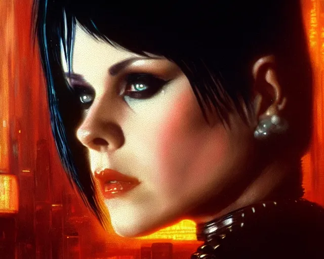 Prompt: a 4 k cinematic film screenshot still portrait of joan jett in blade runner, deep focus, d & d, fantasy, intricate, elegant, highly detailed, digital painting, artstation, concept art, matte, sharp focus, illustration, dark fantasy style art, hearthstone, art by artgerm and greg rutkowski and alphonse mucha