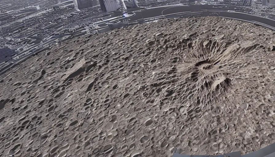 Prompt: A huge crater in the center of Las Vegas with hundreds of people around, hyperdetailed, artstation, cgsociety, 8k