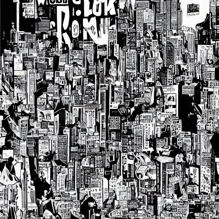 Image similar to we built this city on rock and roll, black and white comic art, lots of musical notes