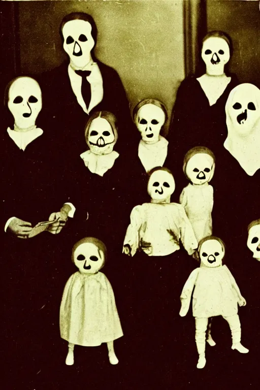 Prompt: an unsettling old colored family photograph, anxious people standing in a large haunted house, phantom ghosts in the background, cinematic, horror, photorealistic, vintage,