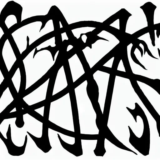 Prompt: black metal band logo, metal font, unreadable, complex, complicated, intertwined, branching, black and white, grindcore