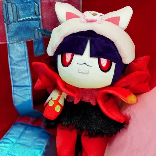 Image similar to cute fumo plush of the dangerous dame who plays with fire, anime girl