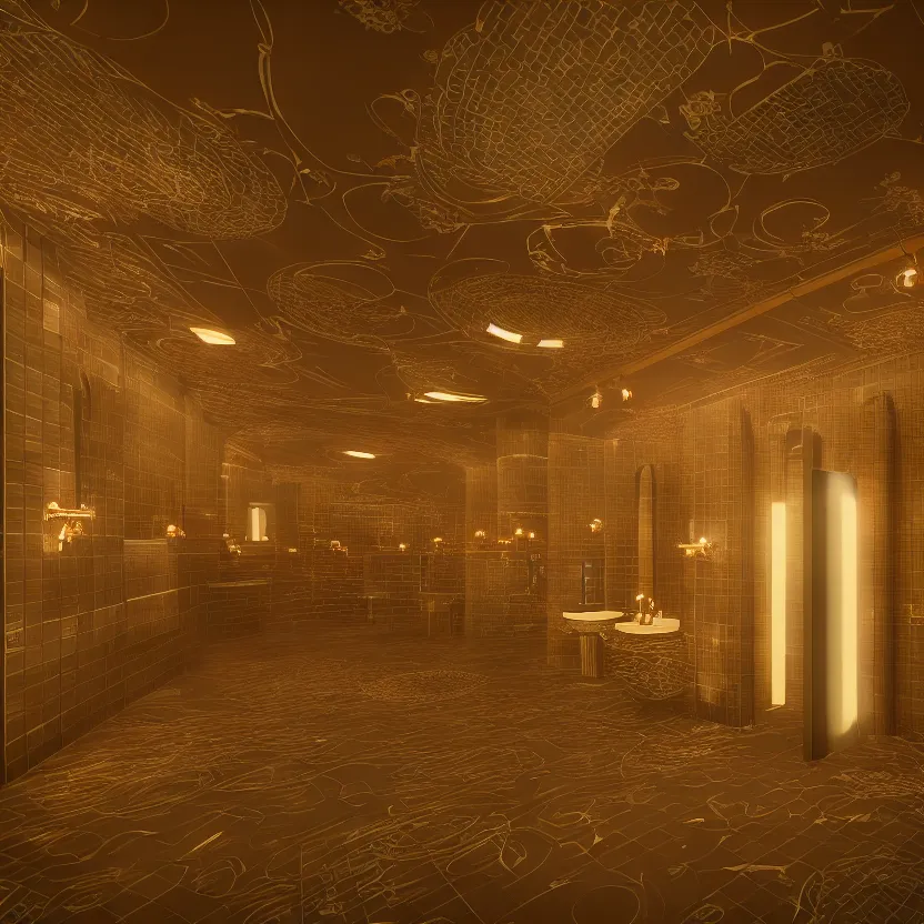 Image similar to an infinite restroom with many stalls and sinks, cinematic lighting, volumetric lighting, award winning photography, highly detailed, intricate, sharp focus, 4 k wallpaper, unreal engine, 9 0 mm, f / 1. 4