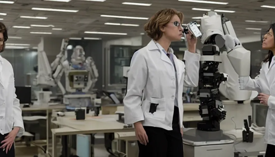 Image similar to big budget action movie about female scientist confronts male ceo about robot photographs