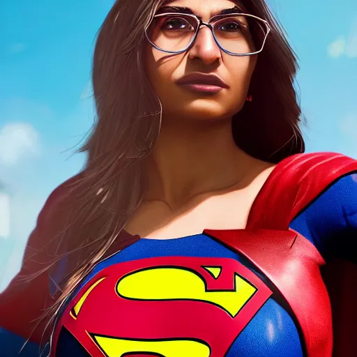 Image similar to a close up face of young Mia Khalifa as Supergirl by Greg Rutkowski, Sung Choi, Mitchell Mohrhauser, Maciej Kuciara, Johnson Ting, Maxim Verehin, Peter Konig, Zack Snyder, 8k photorealistic, cinematic lighting, HD, high details, dramatic, trending on artstation,