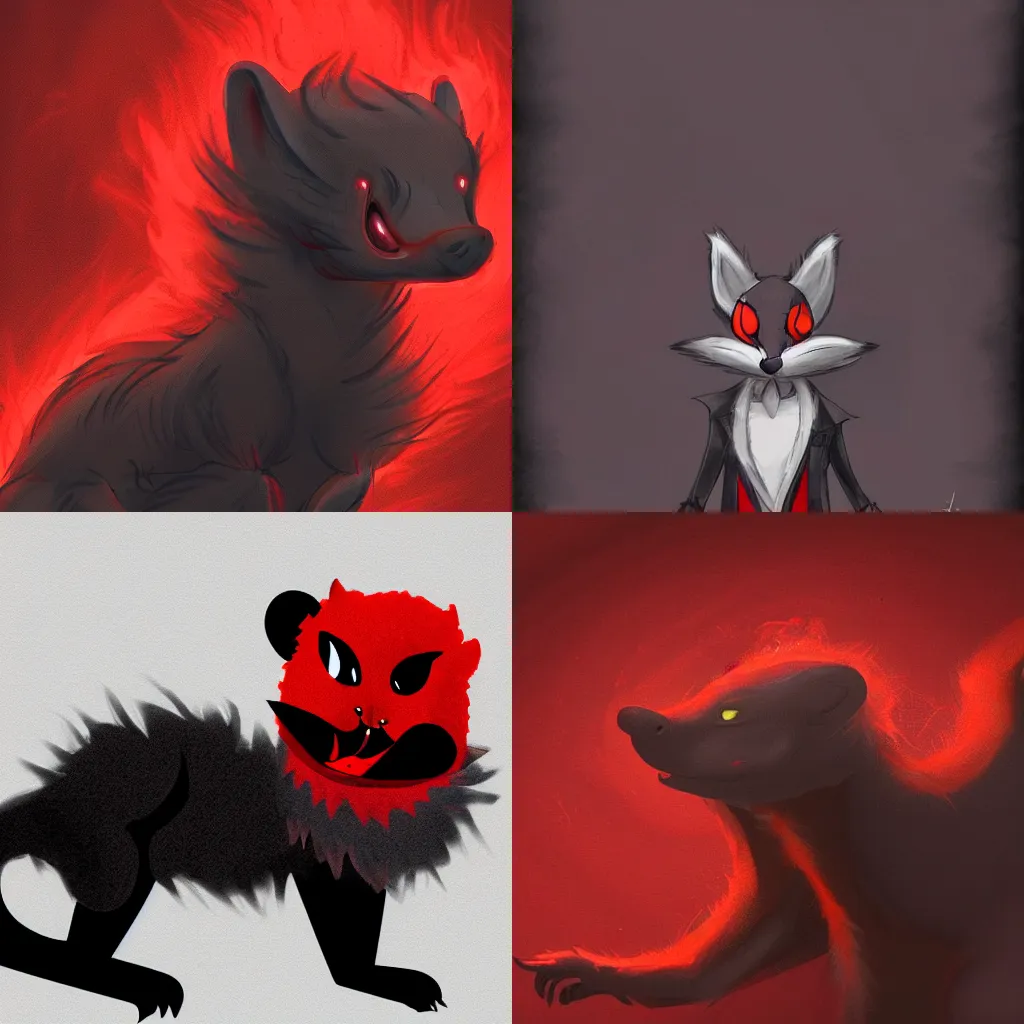 Prompt: detailed concept art of an anthropomorphic red / black furry weasel / stoat fursona, furry fandom, haunted eyes, engulfed in a dark cloud of ominous smoke