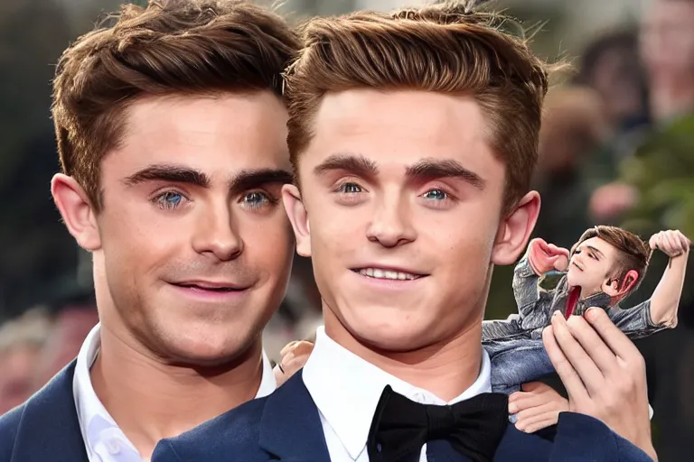 Prompt: studio photograph of zac efron holding a miniaturized tom holland in one hand and a miniaturized robert pattison in his other hand looking very confused