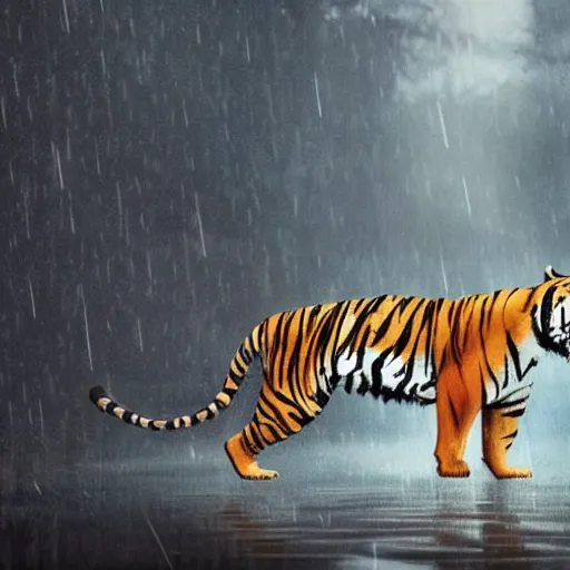 Prompt: A tiger walking in the rain, cinematic lighting, dramatic atmosphere, by Dustin Nguyen, Akihiko Yoshida, Greg Tocchini, Greg Rutkowski, Cliff Chiang, 4k resolution, trending on artstation,1900s