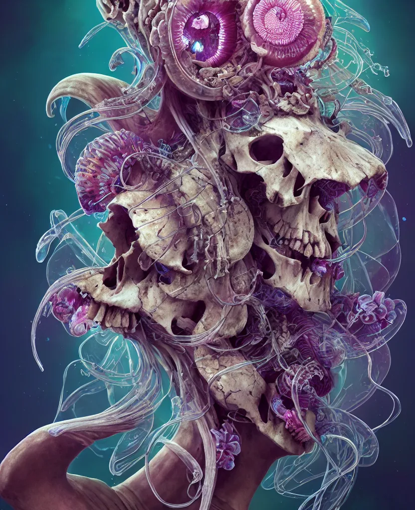 Image similar to goddess close-up portrait ram skull, thorax, x-ray, backbone, jellyfish phoenix head, nautilus, orchid, skull, betta fish, bioluminiscent creatures, intricate artwork by Tooth Wu and wlop and beeple. octane render, trending on artstation, greg rutkowski very coherent symmetrical artwork. cinematic, hyper realism, high detail, octane render, 8k