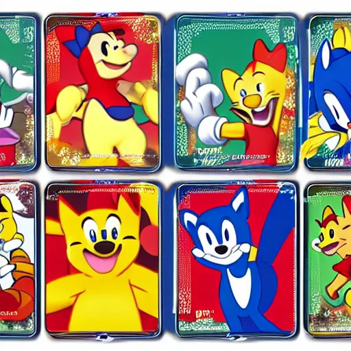 Image similar to photograph of winnie the pooh and super mario and sonic the hedgehog anime style, on pokemon card packs at target