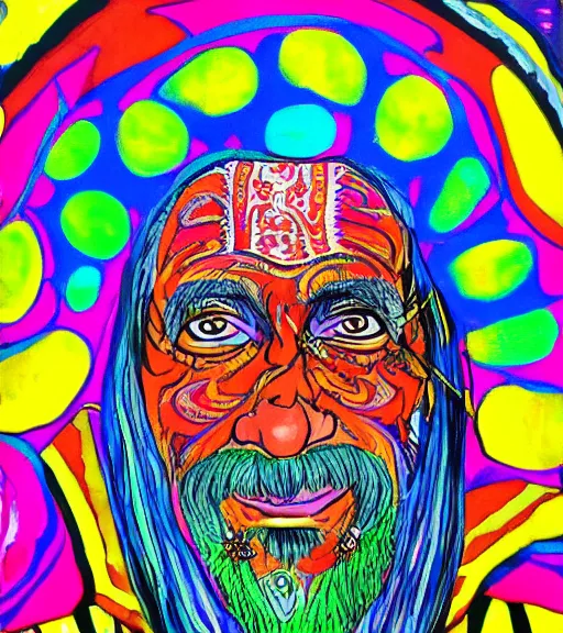 Image similar to Portrait painting in psychodelic style of an old shaman dressed in a colorful traditional clothes.