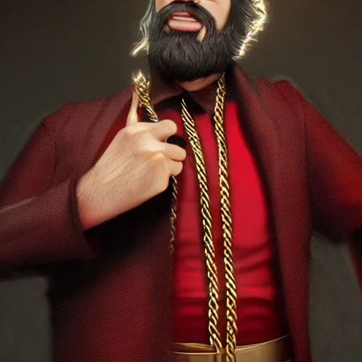 Image similar to a highly detailed full-length man with dark brown short hair, a dark beard, in black and red clothes, with a gold chain and a gold belt, artstation, DeviantArt, professional, octane render