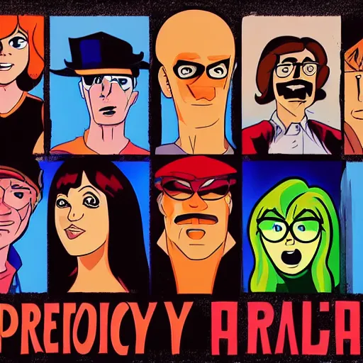 Prompt: A police lineup featuring Freddy, Daphne, Velma, Shaggy, and Scooby Doo, gritty promotional movie poster, realistic, tattoos, piercings