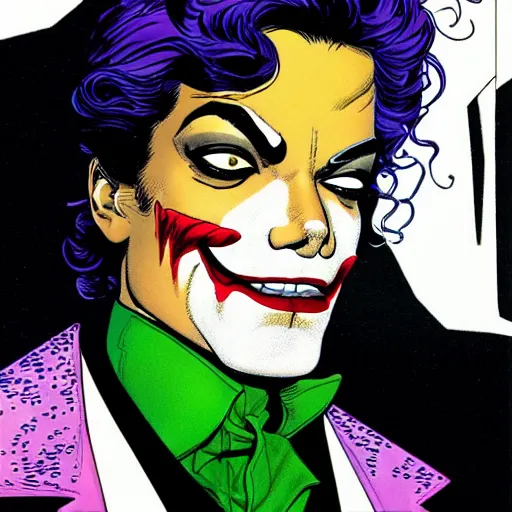 Image similar to dynamic macro head portrait of beautifu michael jackson as the joker in white sequined jacket by john romita sr and cory walker and ryan ottley and jack kirby and barry windsor - smith, comic, illustration, photo real