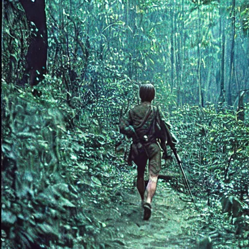 Image similar to film still, close up, emma watson soldier hiking through dense vietnam jungle, mist, film still from apocalypse now ( 1 9 7 9 ), 2 6 mm, kodak ektachrome, blue tint ektachrome film,