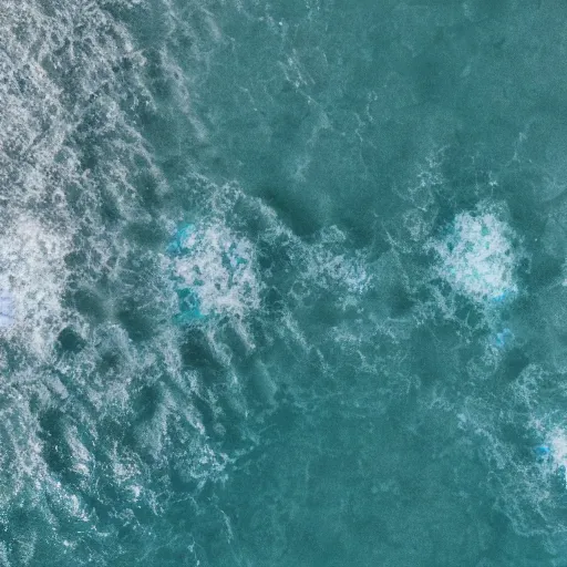 Image similar to birds eye view of the ocean, chrome look, rough texture, HD, octane render, black and white with light blue highlights