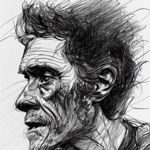 Image similar to a realistic yet scraggly portrait sketch of the side profile of a stern and sophisticated willem dafoe, trending on artstation, intricate details, in the style of frank auerbach, in the style of sergio aragones, in the style of martin ansin, in the style of david aja, in the style of mattias adolfsson