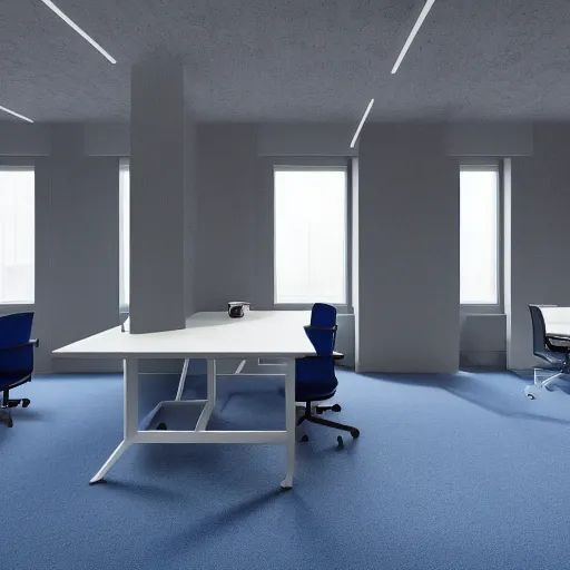 Prompt: interior shooting offices enviroment, open plan, perspective view Minimalist office in Scandinavian style, city, reception, blue color, carpets floor design, steelcase furniture, open area, meeting rooms, minimal, realistic, photo-realistic maximum detail, Archviz, octane render, geometric design, design 8k resolution